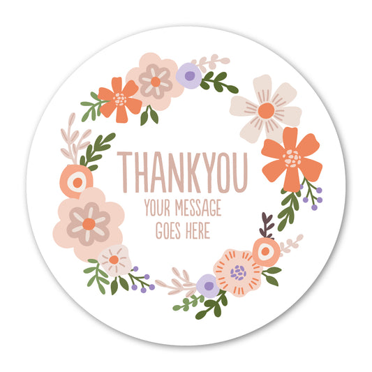 Self Adhesive Paper Label - Personalised Circle Of Flowers Thank You Label